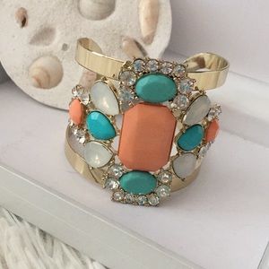 Gold peach turquoise opal & crystal cuff bracelet